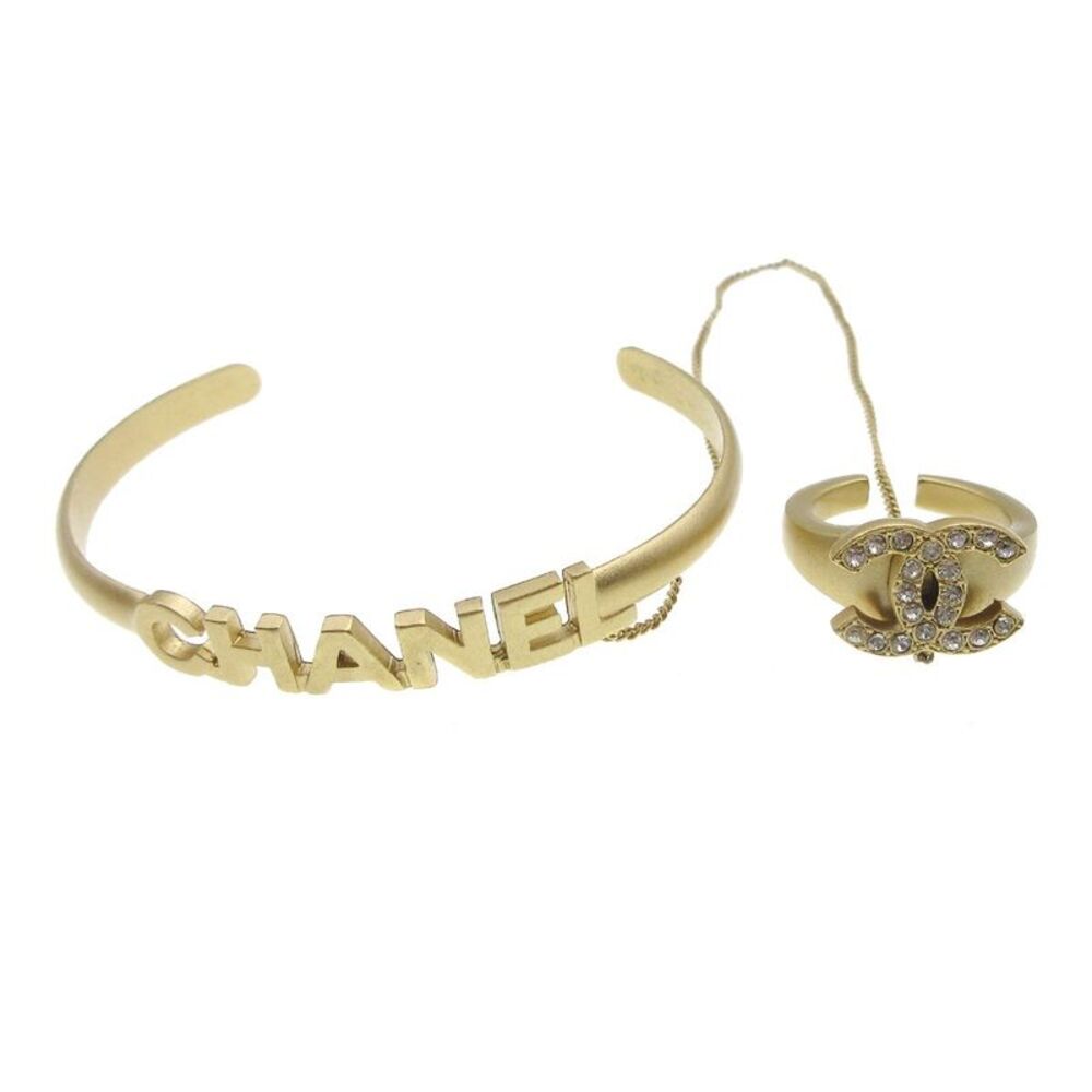 Chanel Logo Bangle With Chain Attached Cc Metal With Crystal Gold Gold_Plated